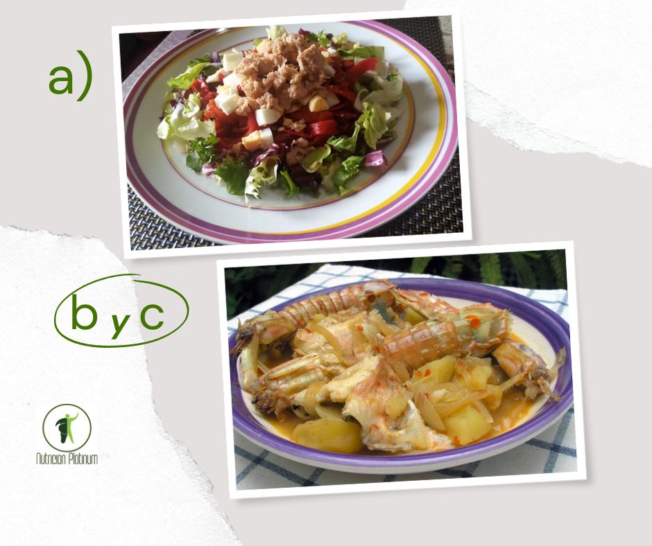 Ensalada de pimientos asados atún y huevo con caldero de gallineta y galeras, con patatas